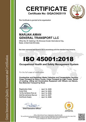 ISO 45001:2018 Occupational Health & Safety Certificate — Marjan Aman Transport UAE